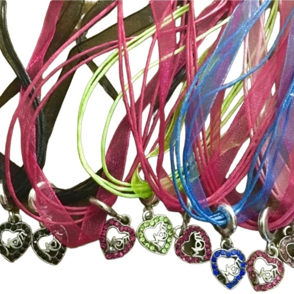 MOM Heart Pendant Ribbon Necklace Bright Neon Pink Red Blue Yellow Black - Picture 6 of 10